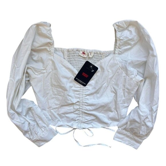 Levi's Devin Blouse 100% Cotton White Alyssum V-Neck Long Sleeve Small - Picture 1 of 11